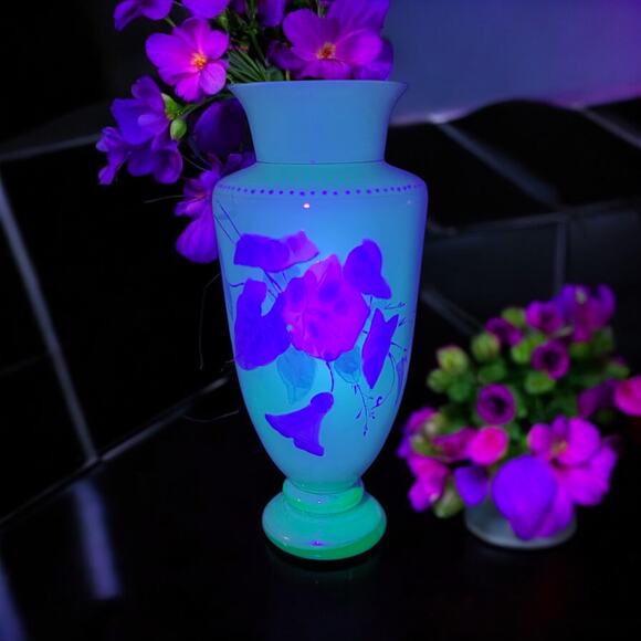 Antique Uranium Harrach Bohemian Hand Enameled Vase-Teal-Aqua-Turquoise-Glass - Picture 1 of 10